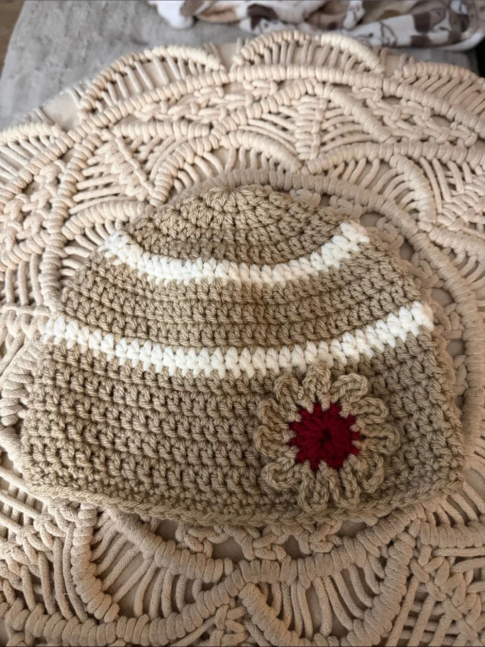 Handmade Tan Crochet Beanie with White Stripes and Red Flower